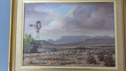 Lovely Framed Original Acrylic on Canvas Painting Karoo Landscape With Sheep/ Windmill. Signed Nico