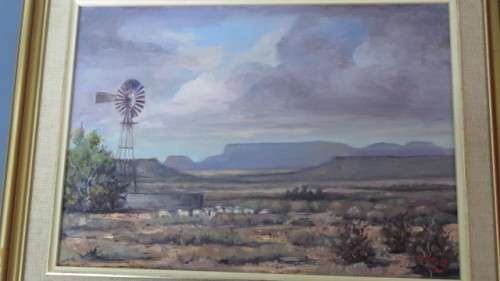 Lovely Framed Original Acrylic on Canvas Painting Karoo Landscape With Sheep/ Windmill. Signed Nico