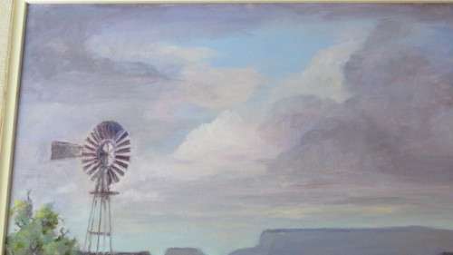 Lovely Framed Original Acrylic on Canvas Painting Karoo Landscape With Sheep/ Windmill. Signed Nico