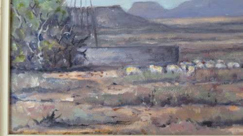 Lovely Framed Original Acrylic on Canvas Painting Karoo Landscape With Sheep/ Windmill. Signed Nico