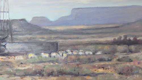 Lovely Framed Original Acrylic on Canvas Painting Karoo Landscape With Sheep/ Windmill. Signed Nico