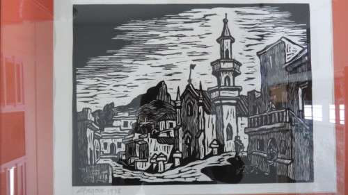 S.A. Artist Gregoire Boonzaaier (1909-2005) Framed `Bo-Kaap With Mosque` 1978 Linocut. Signed