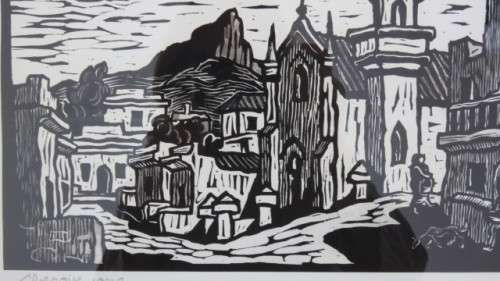 S.A. Artist Gregoire Boonzaaier (1909-2005) Framed `Bo-Kaap With Mosque` 1978 Linocut. Signed