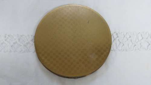 Pretty Vintage Gold Metal and Cream Dancing Lady With Basket Round Powder Compact D: 10 cm