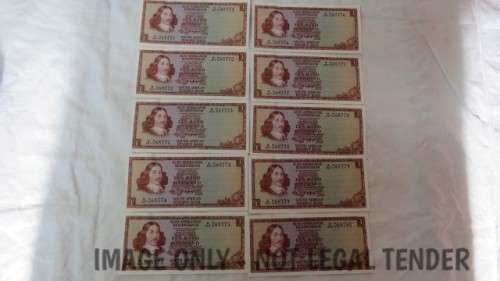 Ten Republic of South Africa One Rand Notes in Sequence TW de Jongh (B327) BIDDING PER NOTE