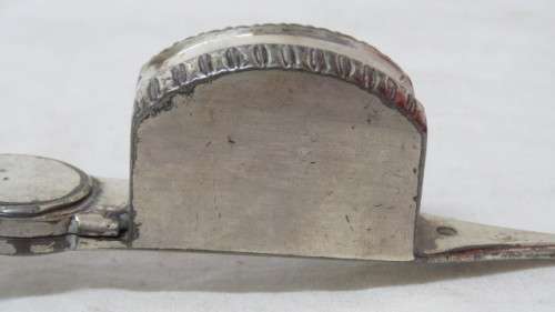 Lovely Vintage Silver Metal Candle Snuffer Half Round Box. One foot Missing L: 16 cm