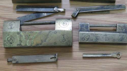 Four Vintage Brass Chinese Locks With Keys. SOLD AS IS.