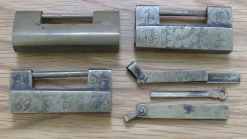 Four Vintage Brass Chinese Locks With Keys. SOLD AS IS.