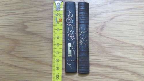 Two Beautiful Vintage Japanese Gold/Copper Inlay Iron Kozukas. Details in Description