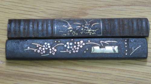 Two Beautiful Vintage Japanese Gold/Copper Inlay Iron Kozukas. Details in Description