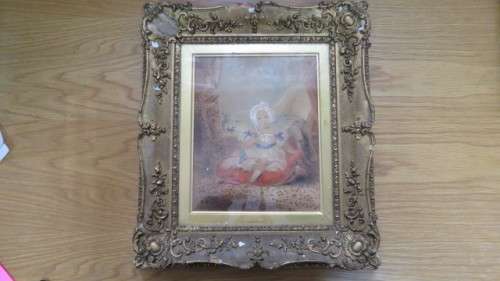 Framed Victorian Watercolour on Paper Girl Seated on Cushion Holding Toy. Unsigned. 39,5 x 35 cm