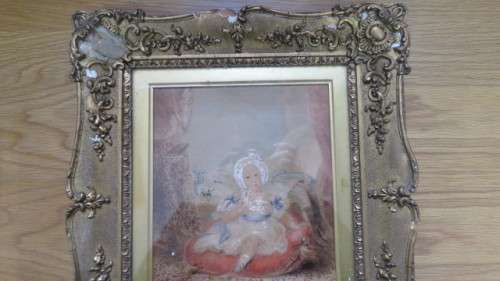 Framed Victorian Watercolour on Paper Girl Seated on Cushion Holding Toy. Unsigned. 39,5 x 35 cm