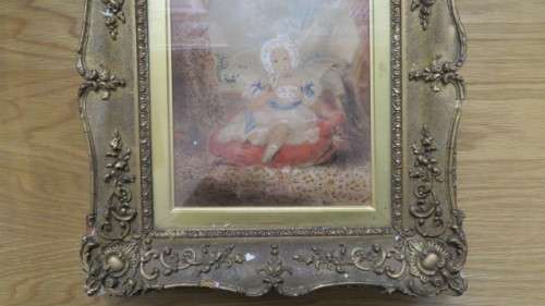 Framed Victorian Watercolour on Paper Girl Seated on Cushion Holding Toy. Unsigned. 39,5 x 35 cm