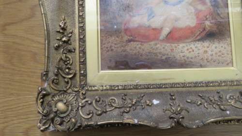 Framed Victorian Watercolour on Paper Girl Seated on Cushion Holding Toy. Unsigned. 39,5 x 35 cm