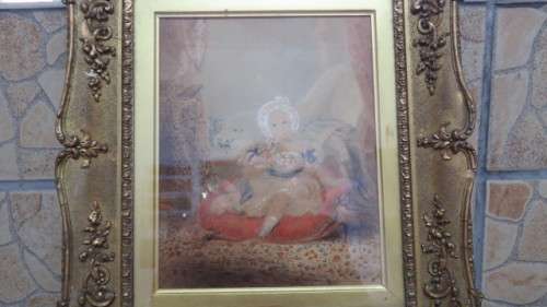 Framed Victorian Watercolour on Paper Girl Seated on Cushion Holding Toy. Unsigned. 39,5 x 35 cm