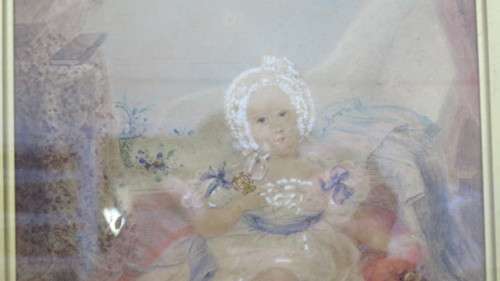 Framed Victorian Watercolour on Paper Girl Seated on Cushion Holding Toy. Unsigned. 39,5 x 35 cm