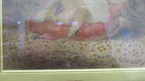 Framed Victorian Watercolour on Paper Girl Seated on Cushion Holding Toy. Unsigned. 39,5 x 35 cm