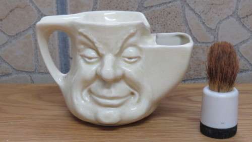 Stunning Vintage Sandland Ware `Before and After` Two Faced Shaving Mug With Brush H: 10 cm
