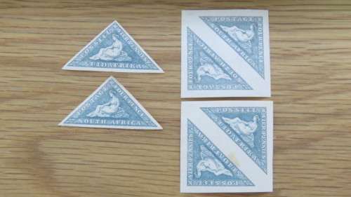 Union of SA 1926 4 Pence `Hope Sits` Series Triangular Stamps Incl. 2 Square Pairs  SOLD AS IS