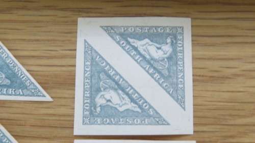 Union of SA 1926 4 Pence `Hope Sits` Series Triangular Stamps Incl. 2 Square Pairs  SOLD AS IS
