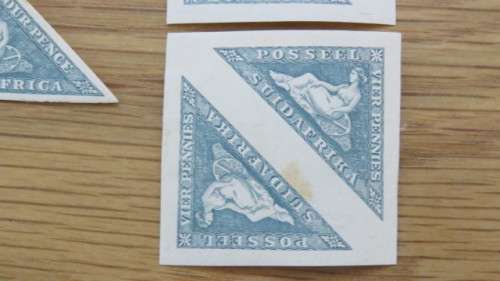Union of SA 1926 4 Pence `Hope Sits` Series Triangular Stamps Incl. 2 Square Pairs  SOLD AS IS