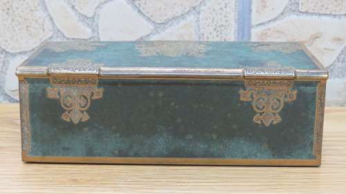 Gorgeous Vintage Grammes Inc. Green/ Gold Etched Metal Lined Wooden Trinket Box 16,3 x 8,7 x 5,5 cm
