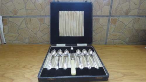 Vintage Echo George Hives and Son Sheffield Set of Six Grapefruit Spoons and Knife in Box