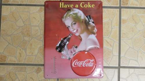 Vintage `Have a Coke` Coca-Cola Pressed Tin Sign With Temperature Gauge 1940s Lady 30 x 40 cm