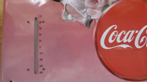 Vintage `Have a Coke` Coca-Cola Pressed Tin Sign With Temperature Gauge 1940s Lady 30 x 40 cm
