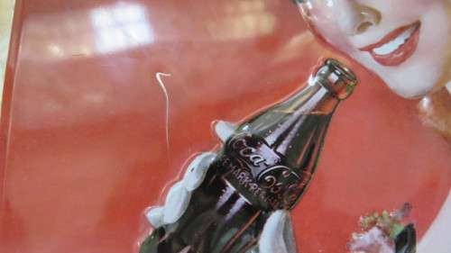 Vintage `Have a Coke` Coca-Cola Pressed Tin Sign With Temperature Gauge 1940s Lady 30 x 40 cm