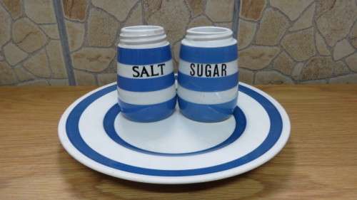 Vintage Staffordshire Chef Ware Blue and White Plate Cornish Kitchen Ware Salt and Sugar Pots