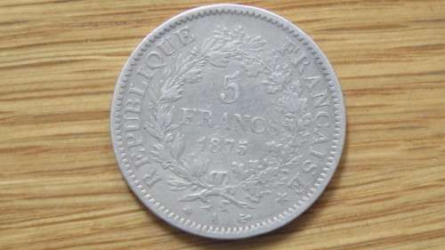 France Silver (.900) 1875 Five Francs Coin 24.8 g