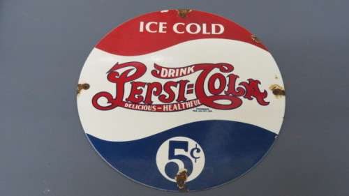Awesome Vintage Round `Ice Cold Pepsi-Cola 5c` Enamel Sign Circa 1950s D: 30 cm