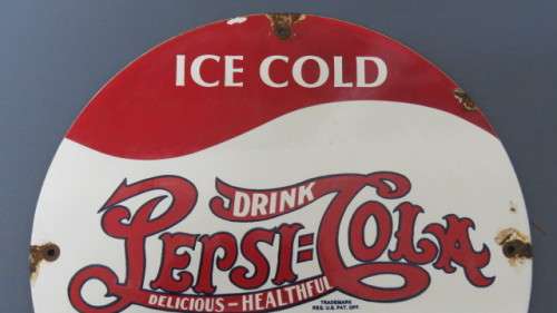 Awesome Vintage Round `Ice Cold Pepsi-Cola 5c` Enamel Sign Circa 1950s D: 30 cm
