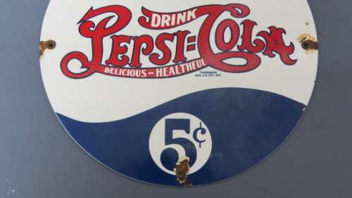 Awesome Vintage Round `Ice Cold Pepsi-Cola 5c` Enamel Sign Circa 1950s D: 30 cm