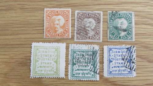 Six Sirmoor State (Himachal Pradesh, India) Stamps Details in Description SOLD AS IS