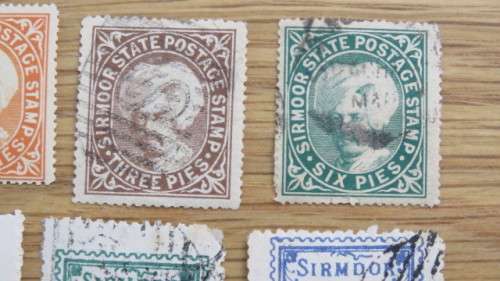 Six Sirmoor State (Himachal Pradesh, India) Stamps Details in Description SOLD AS IS