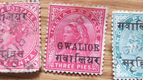 Five Gwalior (Madhya Pradesh, India) Stamps Details in Description SOLD AS IS