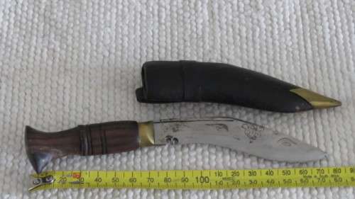 Vintage Nepal Knife in Leather Sheath Brass Finishes Wood Handle Engraving on Blade L: 18 cm