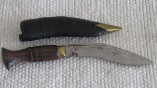 Vintage Nepal Knife in Leather Sheath Brass Finishes Wood Handle Engraving on Blade L: 18 cm