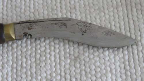 Vintage Nepal Knife in Leather Sheath Brass Finishes Wood Handle Engraving on Blade L: 18 cm