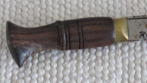 Vintage Nepal Knife in Leather Sheath Brass Finishes Wood Handle Engraving on Blade L: 18 cm