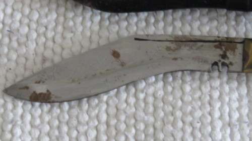Vintage Nepal Knife in Leather Sheath Brass Finishes Wood Handle Engraving on Blade L: 18 cm