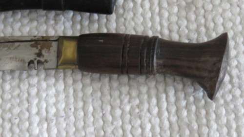 Vintage Nepal Knife in Leather Sheath Brass Finishes Wood Handle Engraving on Blade L: 18 cm
