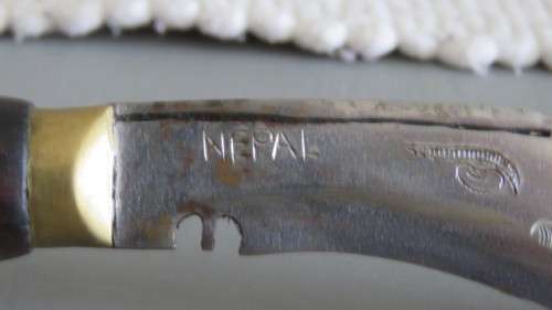 Vintage Nepal Knife in Leather Sheath Brass Finishes Wood Handle Engraving on Blade L: 18 cm
