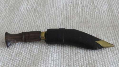 Vintage Nepal Knife in Leather Sheath Brass Finishes Wood Handle Engraving on Blade L: 18 cm