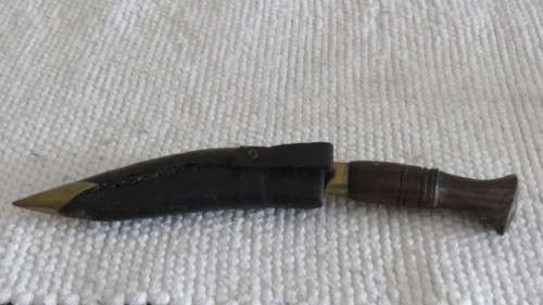 Vintage Nepal Knife in Leather Sheath Brass Finishes Wood Handle Engraving on Blade L: 18 cm