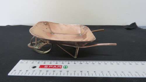 Fantastic and Unusual Vintage Copper Wheelbarrow Ornament With Moving Wheel 16 x 6 cm