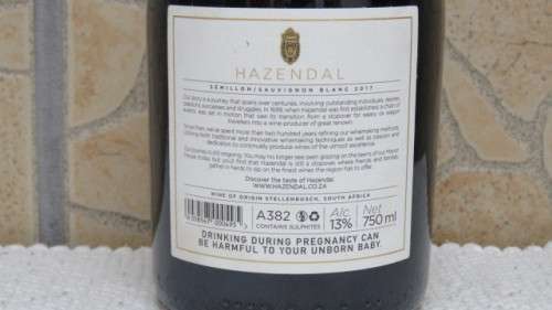 Sealed 750ml Bottle of Hazendal 2017 Semillon/Sauvignon Blanc