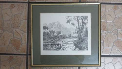 Framed Original Tinus de Jongh (1885-1942) Etching `Berg River Jonkershoek Stellenbosch` Signed